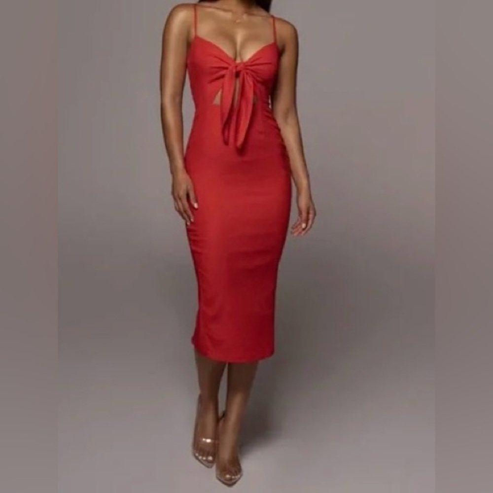 JLUXLABEL Linen Red Tie-Front Midi Dress